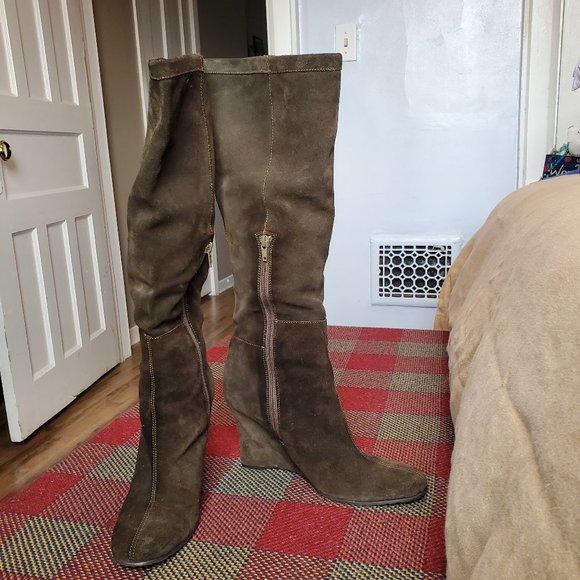 Falchi By Carlos Falchi Tall Brown Suede Wedge Boots - Picture 1 of 7